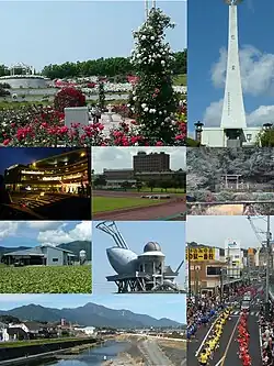 Top left: Kanoya Rose Park, Top right: Kushira Memorial Tower, 2nd left: Kanoya Ring City, 2nd middle: Kanoya University of Physical Education, 2nd right: Mount Aira Tomb, 3rd left: Kasanohara Plateau, 3rd middle: Kihoku Celestial Sphere Museum, Bottom left :Kimotsuki River and Mount Takakuma, Bottom right: Kanoya Summer Festival