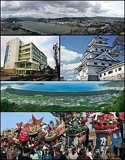 Top: View of Matsuura River and downtown Karatsu2nd left: Oteguchi Bus Terminal, 2nd right:Karatsu Castle3rd: Nijinomatsubara pine forest areaBottom: Karatsu Kunchi in November.