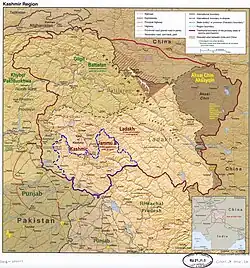 Reasi district is in the Jammu division (shown with neon blue boundary) of Indian-administered Jammu and Kashmir (shaded in tan in the disputed Kashmir region