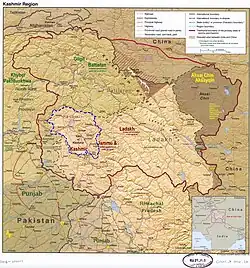 Baramulla district lies in the Kashmir division (neon blue) of the Indian-administered Jammu and Kashmir (shaded tan) in the disputed Kashmir region.