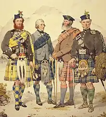 Four men in kilts with widely divergent tartans, sporting a variety of headgear, jackets, plaids, sporrans, and other accessories