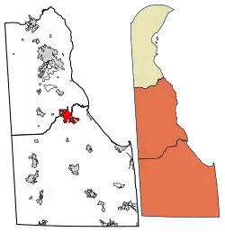 Location of Milford in Kent County and Sussex County, Delaware.