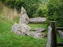 On the right of the image is a dark green hedge. On the left is a steep grass slope. Located in the centre, between the slope and the hedge, is an area of grassland on which several large, grey stones are scattered.