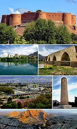 Montage of Khorramabad, Clockwise:Falak-ol-Aflak Castle, Keeyow lake, Shapuri bridge, View of the Khorramabad city, Brick Minaret, Panorama of Khorramabad