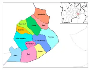 Sabari District shown in dark green in the northwest part of Khost Province