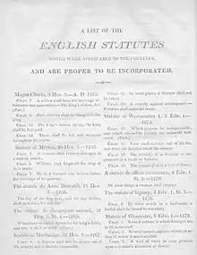 A page from a book, with the title "A list of the English statutes" and two columns of text below, one for English and the other for Latin. The Statute of Merton is the first statute listed.