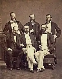 Adjutant Daniel Nordlander (upper left), with Adjutant Fritz von Dardel, Ordonnance Officer Ferdinand-Alphonse Hamelin,  General Henri-Pierre Castelnau, King Charles XV of Sweden and Prince Oscar, future King Oscar II of Sweden