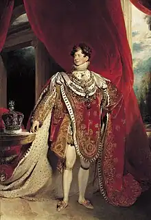 George IV depicted wearing coronation robes and four collars of chivalric orders: the Golden Fleece, Royal Guelphic, Bath and Garter