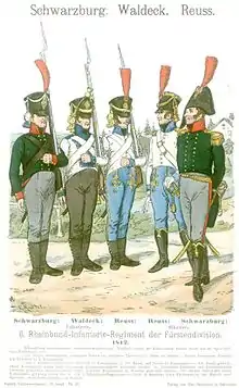 Print depicts five soldiers. From left to right, the first man sports a green coat and gray breeches. The second soldier wears a white coat with blue facings and dark gray trousers. The third and fourth are dressed in white coats with light blue pants. The fifth man wears the same green and gray as the first, but his headgear is a bicorne hat. The other four wear black shakos with plumes.