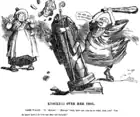 Welsh journalist and druidist Owen "Morien" Morgan destroys an image of Saint David with a cudgel, Dame Wales looks on in dismay, 1899