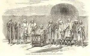 Sketch of a seated man surrounded by other men