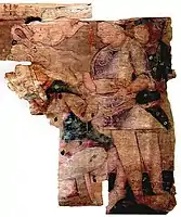 Painting of a Kushan ruler (probably Huvishka, seated) and attendants, Bactria, 74–258 AD.