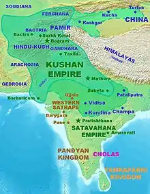 Kushan territories (full line) and maximum extent of Kushan dominions under Kanishka (dotted line). The conquests in India are according to the Rabatak inscription, the northern expansion into the Tarim Basin is mainly suggested by coin finds and Chinese chronicles.