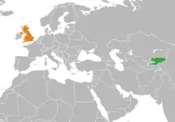 Map indicating locations of Kyrgyzstan and United Kingdom