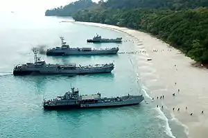 INS Guldar and INS Kumbhir with LCU Mk. II ships during a beaching operation.