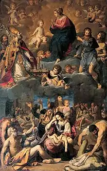 Virgin, child and saints intercede to stop the plague, by Ludovico Lana]