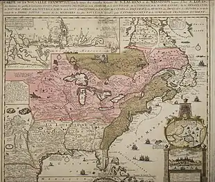 Lower Louisiana marked in yellow; pink represents Canada. Part of Canada below the great lakes was ceded to Louisiana in 1717. Brown represents British colonies. Original map from 1719