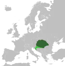 The Kingdom of Hungary (dark green) and Kingdom of Croatia-Slavonia (light green) within Austria-Hungary in 1914