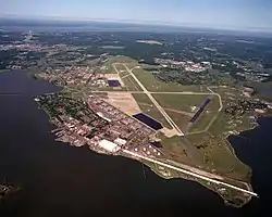 An aerial view of the airfield of Joint Base Langley–Eustis in 2011