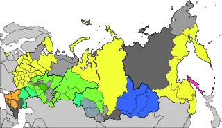 Largest ethnic group apart from Russians: yellow – Ukrainians, lawn green – Tatars, green – Kazakhs, orange – Armenians, blue – Buryats, gray-blue – Germans, pink – Koreans