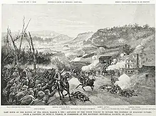 Black and white print shows a general with his arm in a sling rallying gray-coated soldiers. At right, artillery units are firing near a building.