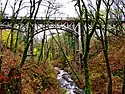 Another open spandrel concrete arch bridge, in woods, spanning a creek