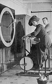 Lawrence Beesley at right in the Gymnastics Room of the Titanic, 1912