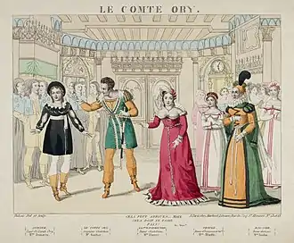 coloured drawing of leading operatic players in costume