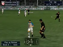 A screenshot of the game's 3D Match Engine, Wikipedians United is playing against an unlicensed version of Wolverhampton.