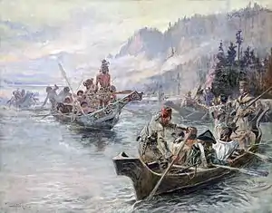 Painting of Lewis and Clark navigating the lkower Columbia River by canoe in 1905