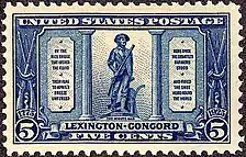 The statue of a minuteman, reproduced upon a blue, five-cent stamp