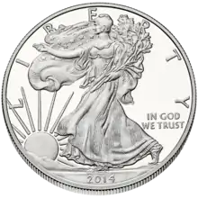 The obverse of the American Silver Eagle, a silver bullion coin in current production, from a design by Adolph A. Weinman