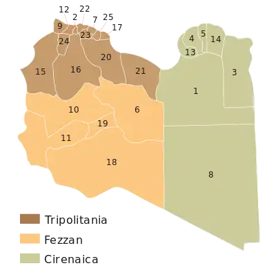 Map showing historical regions and districts of Libya