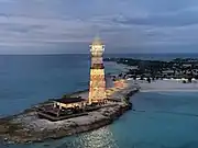 The lighthouse open to visitors on the island with LED lights integrated throughout the structure for visual light shows.