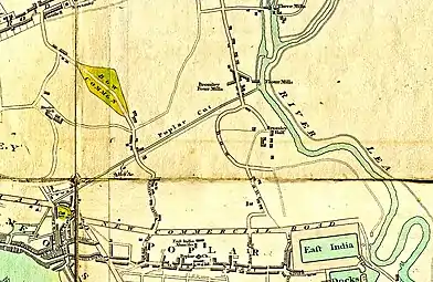 Limehouse Cut c.1800, the only canal in London—called 'Poplar Cut' in this map