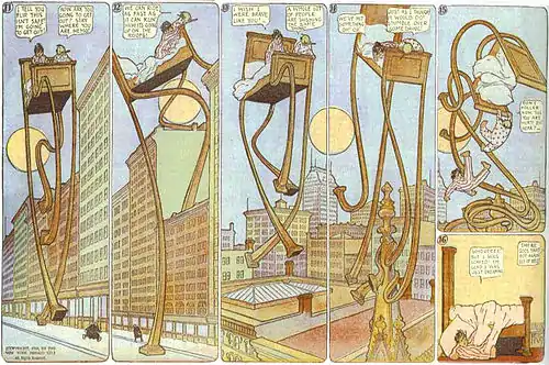 Six panels from Little Nemo comic strip. Nemo dreams his bed grows legs and walks through the city.