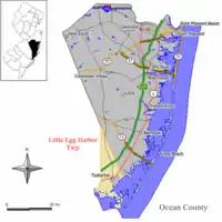 Location of Little Egg Harbor Township in Ocean County highlighted in yellow (right). Inset map: Location of Ocean County in New Jersey highlighted in black (left).