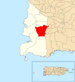 Location of Llanos Tuna within the municipality of Cabo Rojo shown in red