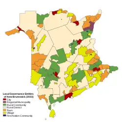 Distribution of New Brunswick's new local governance entities by municipal status type.