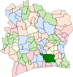 Location of Agnéby-Tiassa Region (dark green) in Ivory Coast and in Lagunes District