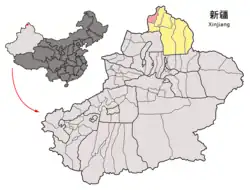 Location of Habahe County (red) within Altay Prefecture (yellow) and Xinjiang