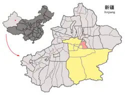 Location of Hoxud County (red) within Bayingolin Prefecture (yellow) and Xinjiang