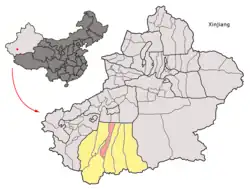 Location of Lop County (red) within Hotan Prefecture (yellow) and Xinjiang