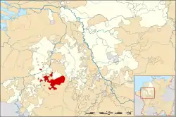 Map highlighting the Abbacy of Stavelot, a region containing Stavelot and Malmedy. It is along the banks of a river and nestled between the duchies of Limburg and Luxemburg and the Bishopric of Liège.