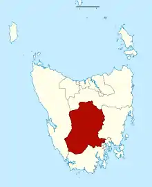 Map of the Tasmanian Legislative Council divisions, Derwent highlighted in crimson.