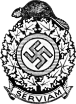 Logo of the Parti National Socialiste Chretien du Canada, a swastika emblem surrounded by a wreath of maple leaves with a beaver on top