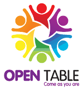 The logo shows a circle of six rainbow coloured figures, above the words "Open Table, Come as you are"