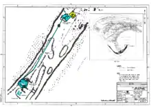 Map of Long Point showing two earthen artillery batteries and barracks connected by a long boardwalk