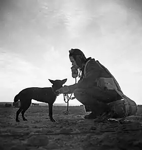 Man in flying suit and goggles with dog