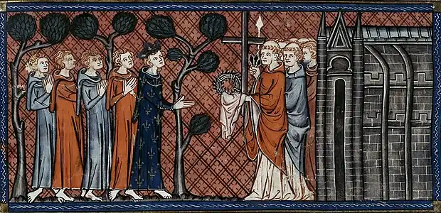 Louis IX receives the crown of thorns and other sacred relics for the chapel (14th century illustration)